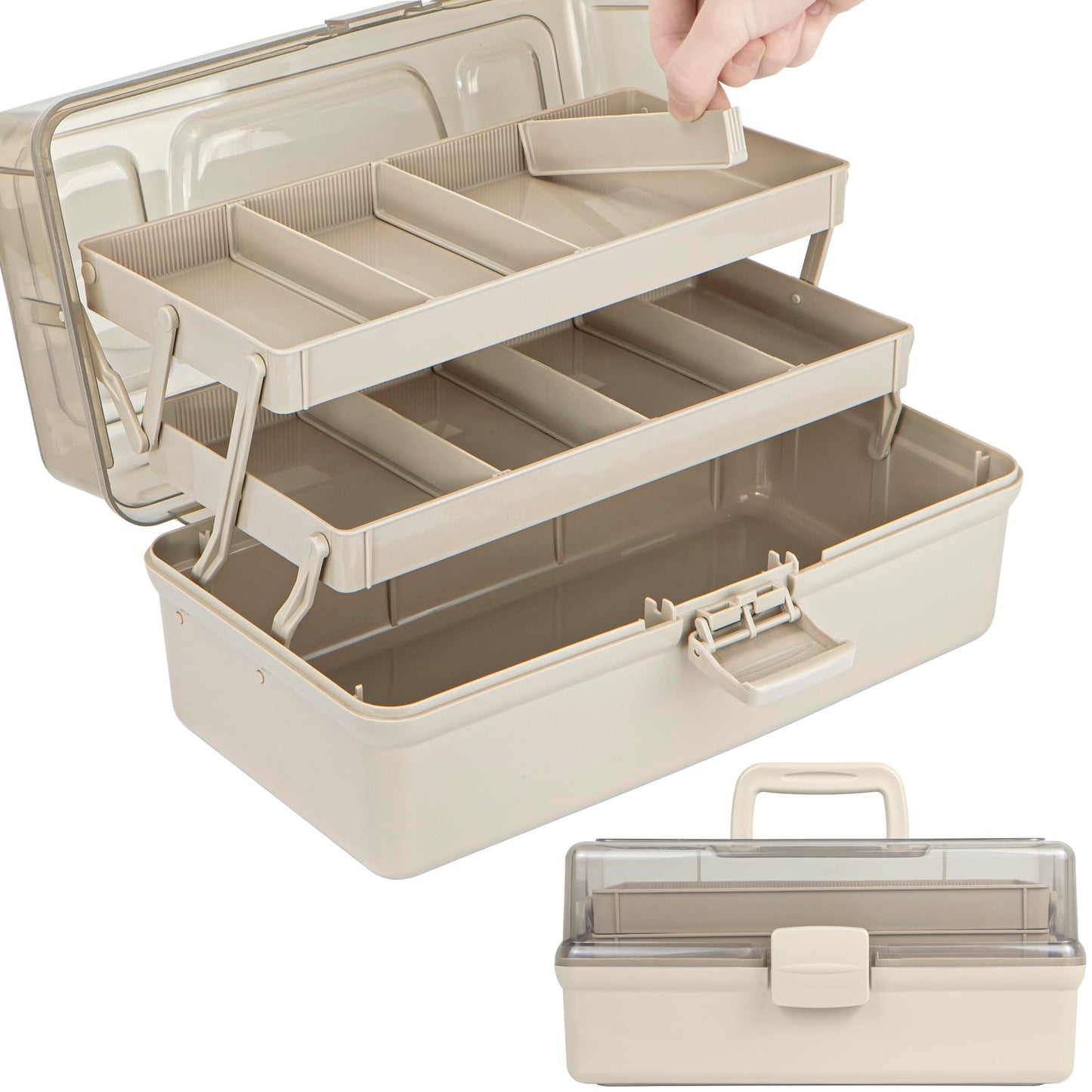 TERGOO 14in 3-Layer Multipurpose Craft Organizers and Storage with Adjustable Dividers, Portable Tackle Box, Folding Art & Craft Case for Medicine, Tool, Sewing Organizer (Brown, X-Large)