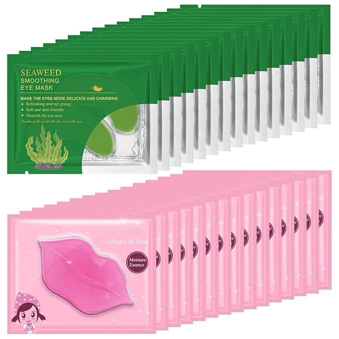 30 Pairs Lip Mask Under Eye Masks Patches, Crystal Collagen Hydrating Moisturizing Smoothing Lips Gel Pads for Puffy Eyes Bags,Dark Circles,Puffiness,Fine Lines,Wrinkles,Anti-Aging Seaweed