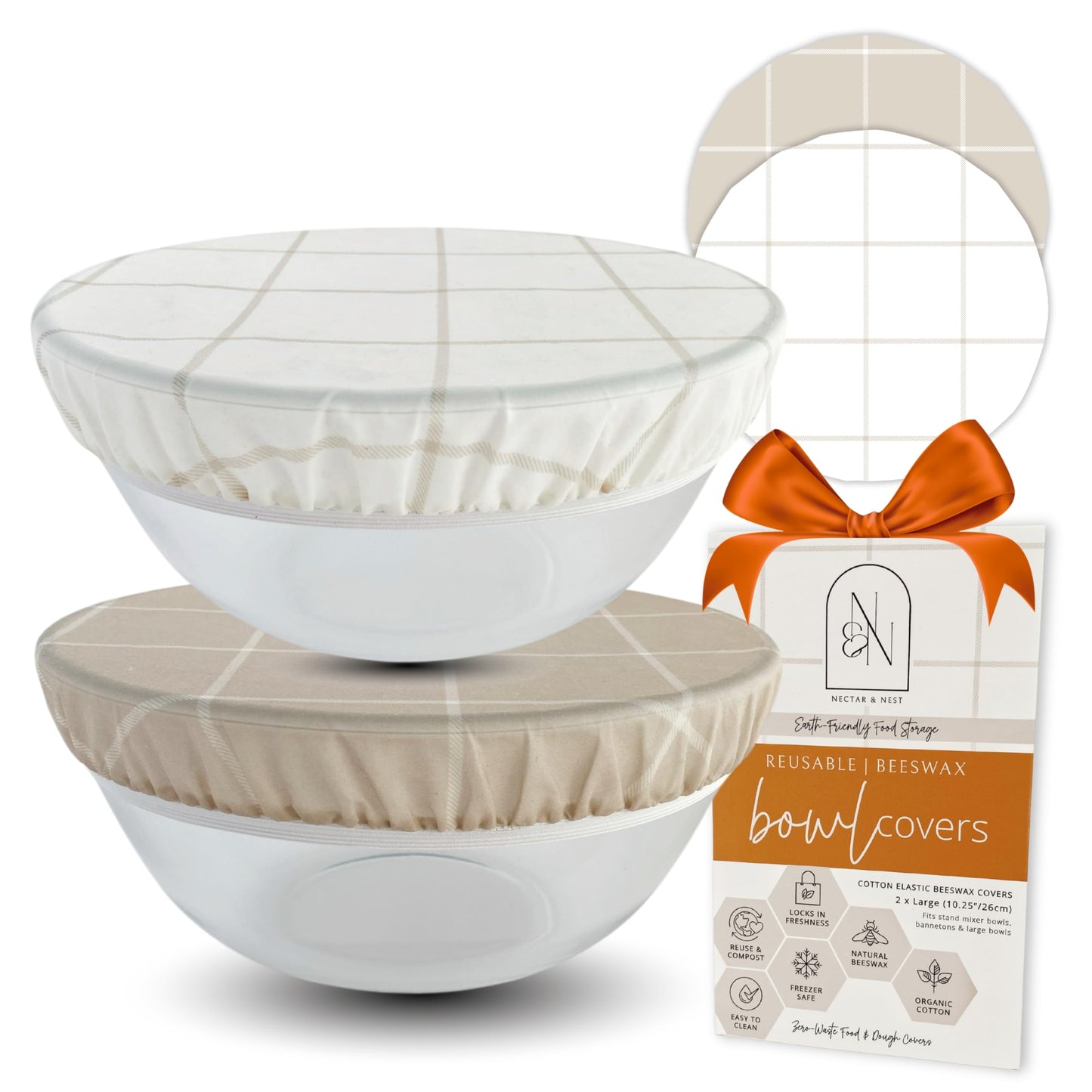 Nectar & Nest Reusable Bowl Covers for Bread Proofing (2 Lg) - Beeswax Bowl Covers Reusable, 100% Organic Cotton, Elastic Cover for Sourdough, Dough Proofing and Food Storage, Compostable