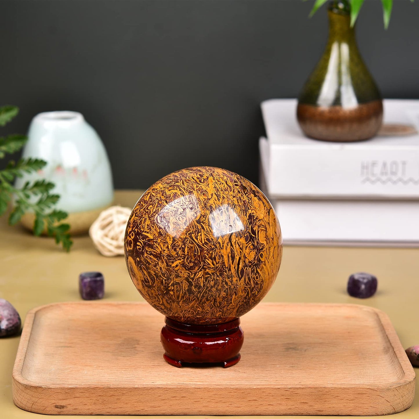 JIC Gem Healing Crystals Sphere Natural Golden Jade Crystal Ball Mineral Quartz Stone With Decorative Stand Home Decoration (70-80mm)