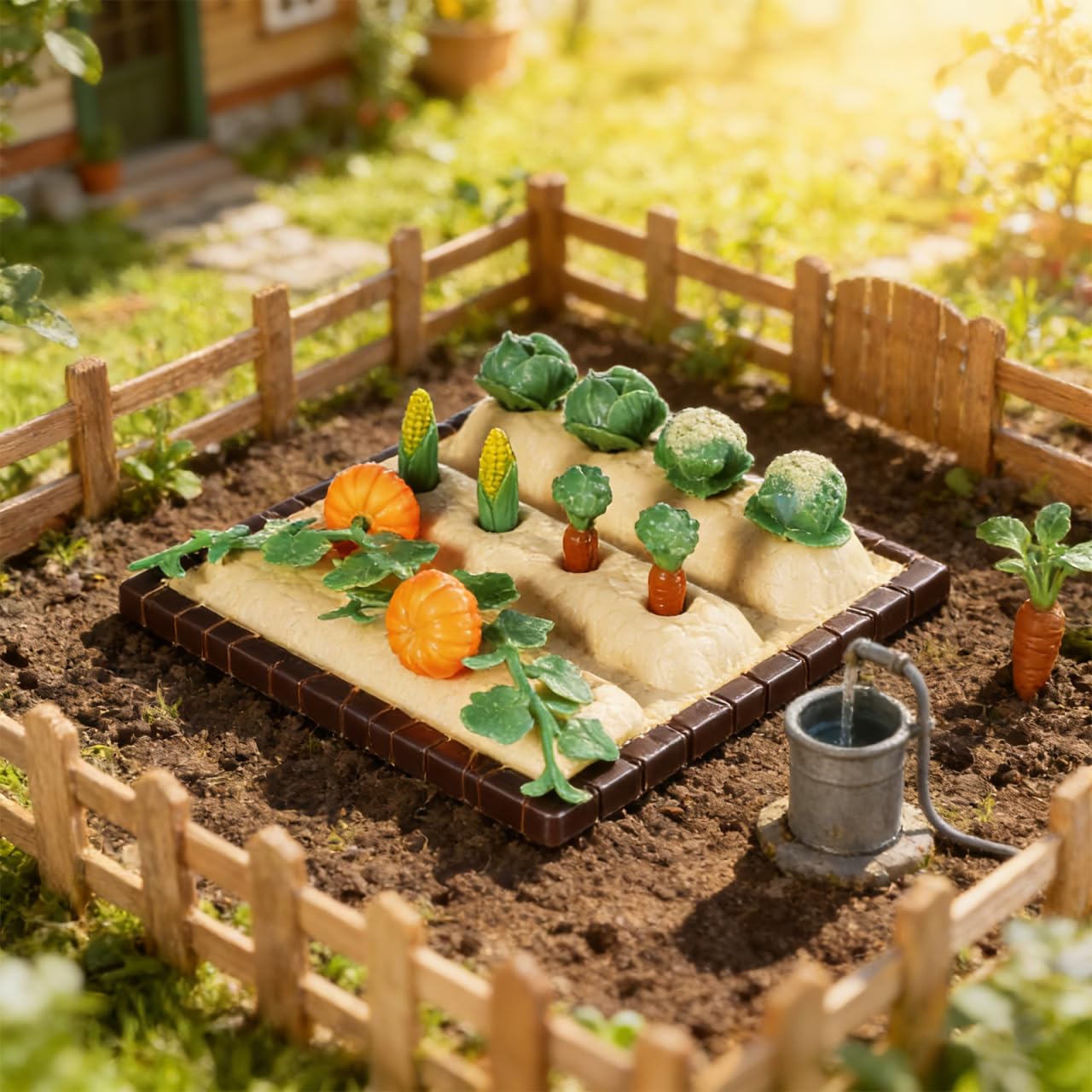 Mini Landscape Vegetable Field Model with 3 Farm Tool Models 1/12 Scale Small Shovel Gardening Tools for Dollhouse Scene Decor 3.54X3.54X0.78 Inch
