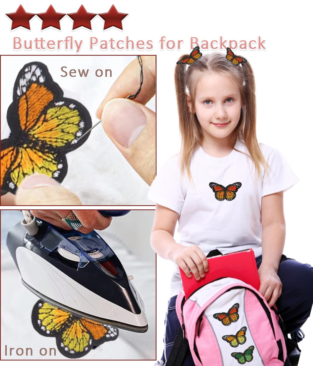 24pcs Cute Butterfly Iron on Patches Moth Embroidered Applique Repairing Patches for Hat Jean Jacket Dress Bag Shoe Decoration (Orange)