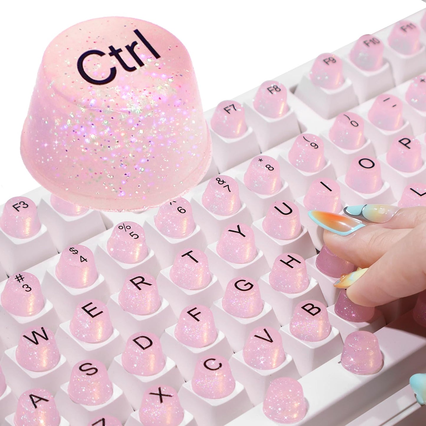 Raised Keyboard Stickers for Long Nails, Bling Keyboard Bubbles for Women with Letters, Soft Silicone Nail Art Typing Keycaps for Desktops (Pink, 128pcs)