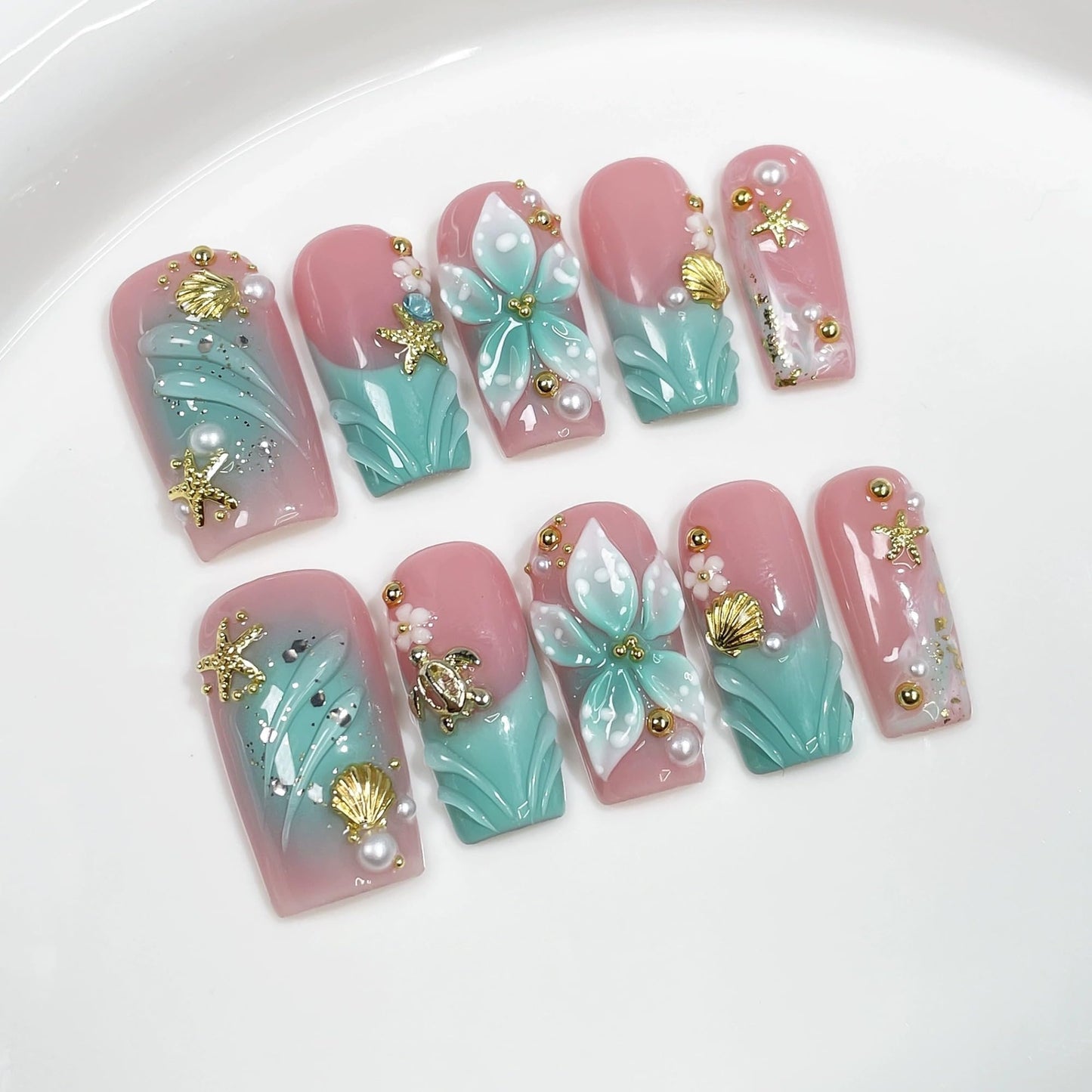 Luxury Handmade Press on Nails Medium Square Fake Nails Blue French False Nails with Ombre 3D Flower Art Design Acrylic Nails Handmade Stick on Nail for Women Manicure 10Pcs (Size M)