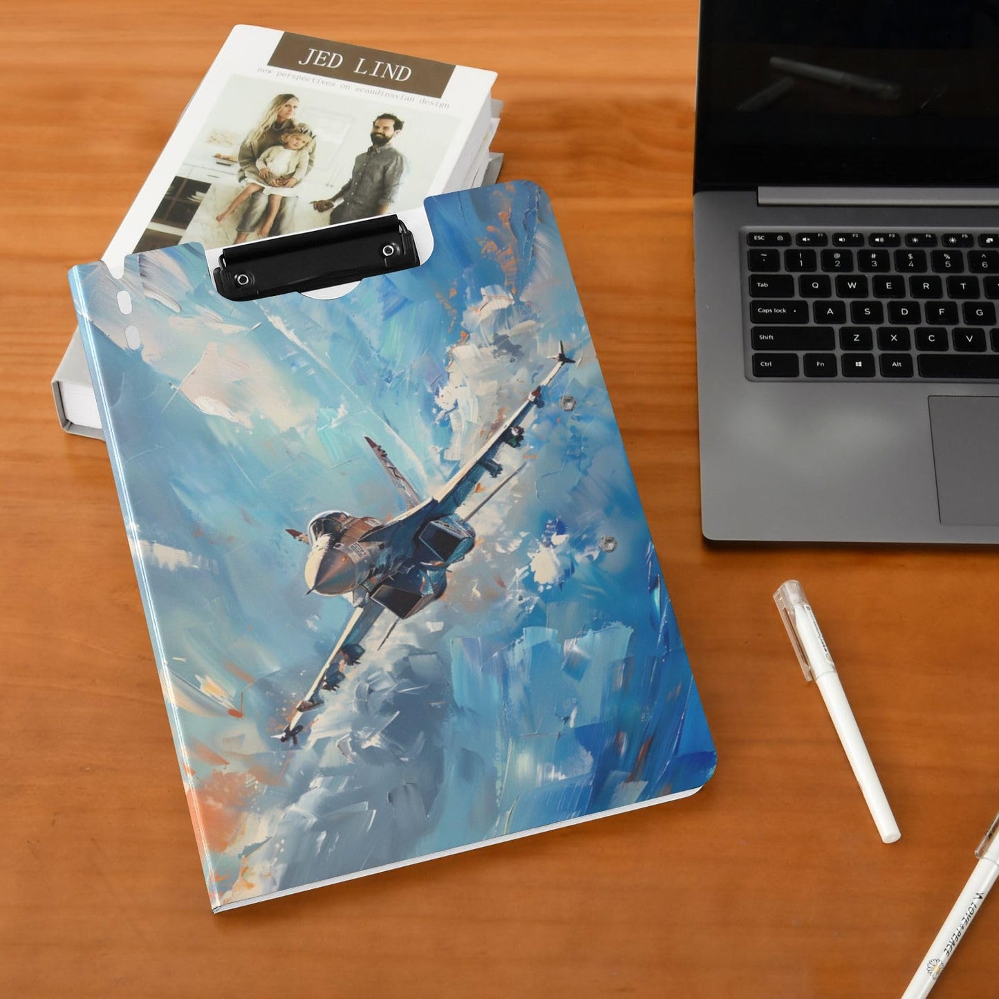Fighter Jet Painting Folding Clipboard Folder Binder Clip Board with Double Low Profile Clip Waterproof for Business Office 360° Foldable