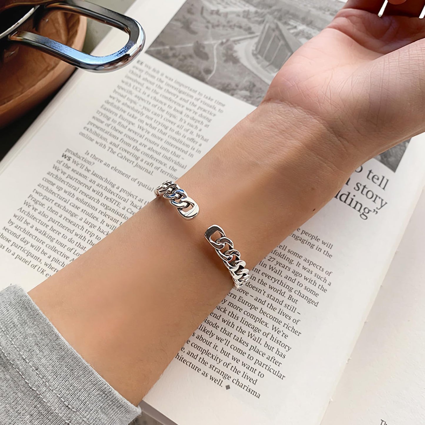 Handmade 925 Sterling Silver Bangle Bracelets For Women Men Square Chain Link Bangle Bracelets Hollow Wide Cuff Bangles Open Adjustable Bangle Bracelets For Men Minimalist Punk Statement Bangles Gifts