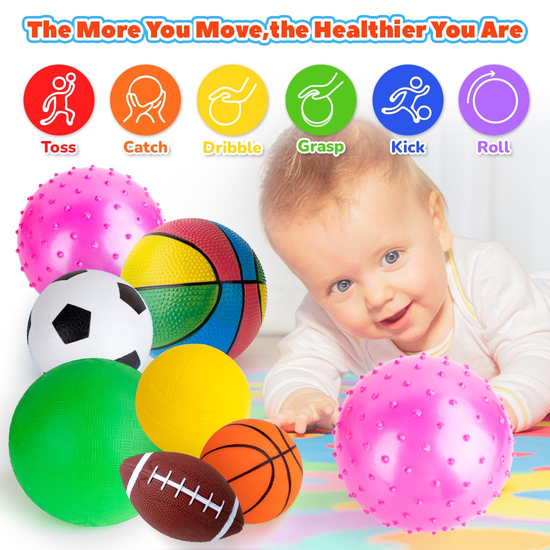HOESDA Balls for Toddlers 1-3,Toddler Sports Ball Outdoor Toys,Set of 7 Kids Foam Ball Baby Ball Indoor Outdoor Toys-Playground Ball Basketball Football Volleyball Rugby Bounce Ball with Bag