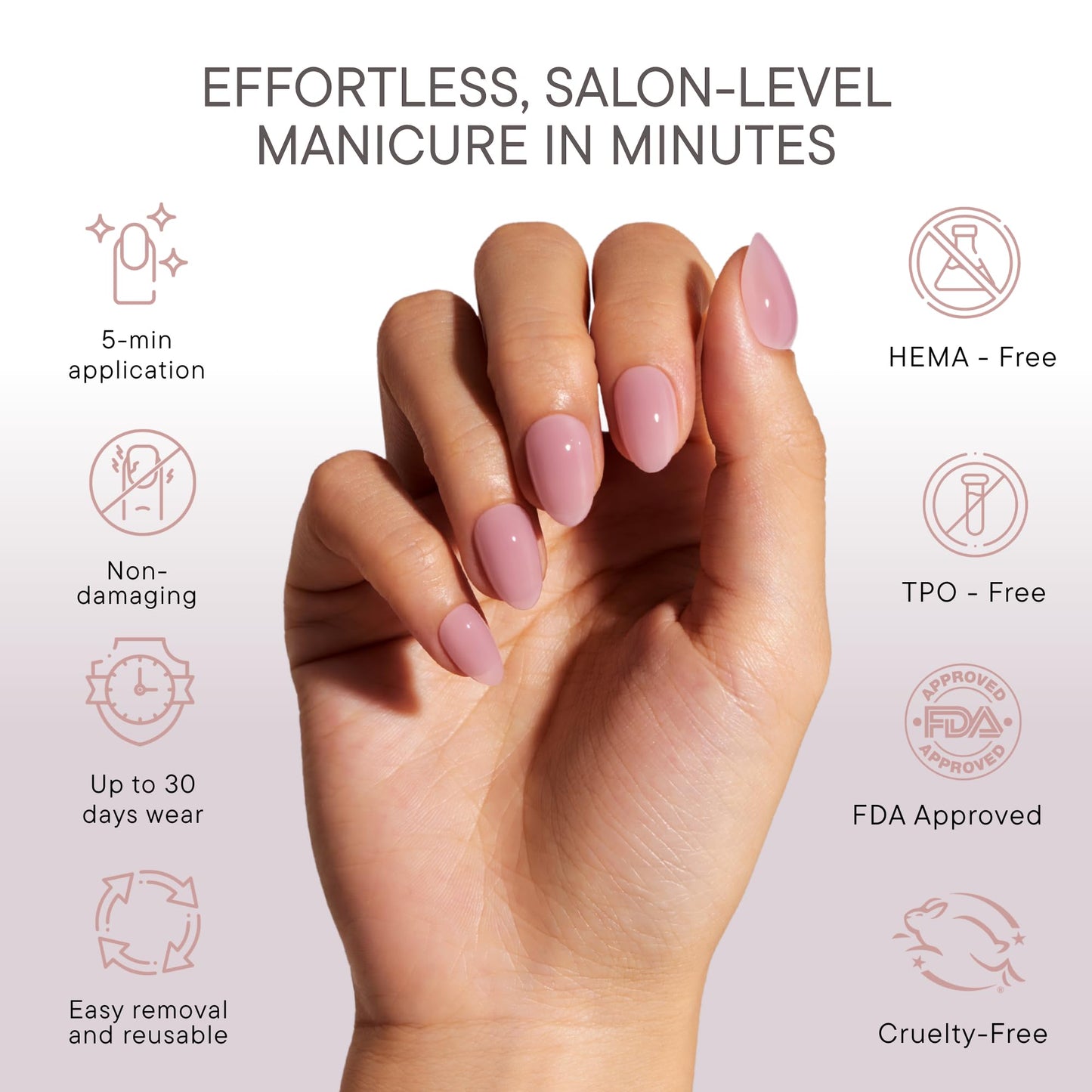 Celebritips Press On Nails - Salon U-ltimate™ | Misty Rose, Extra Short Almond Nails, Reusable | 16 sizes - 32 Nails Kit with Glue and Sticky Tabs