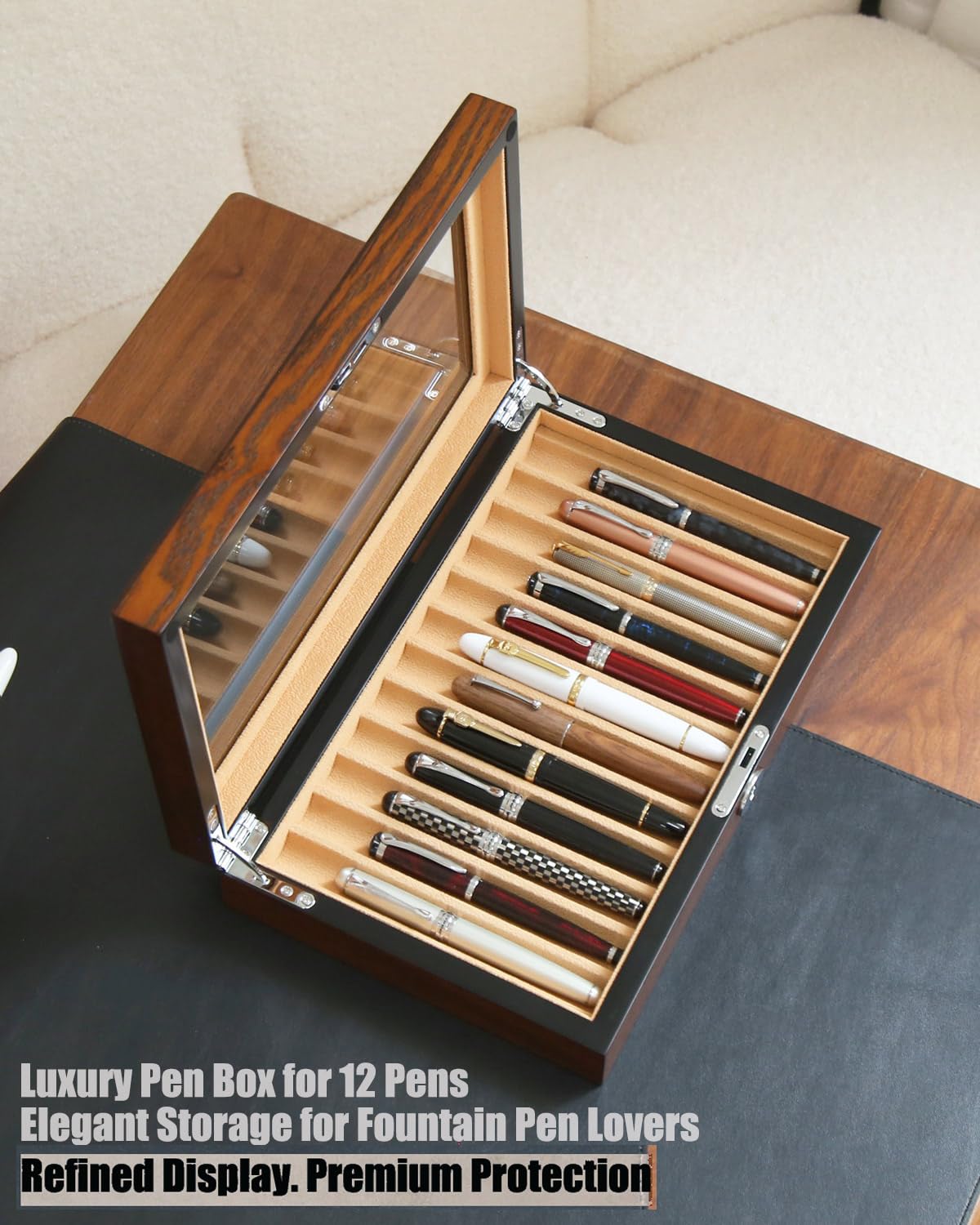 Besforu 12-Slot Fountain Pen Collector Case – Lockable Wooden Organizer with Glass Display Top, Premium Storage Box for Writing Instruments and Gift for Men