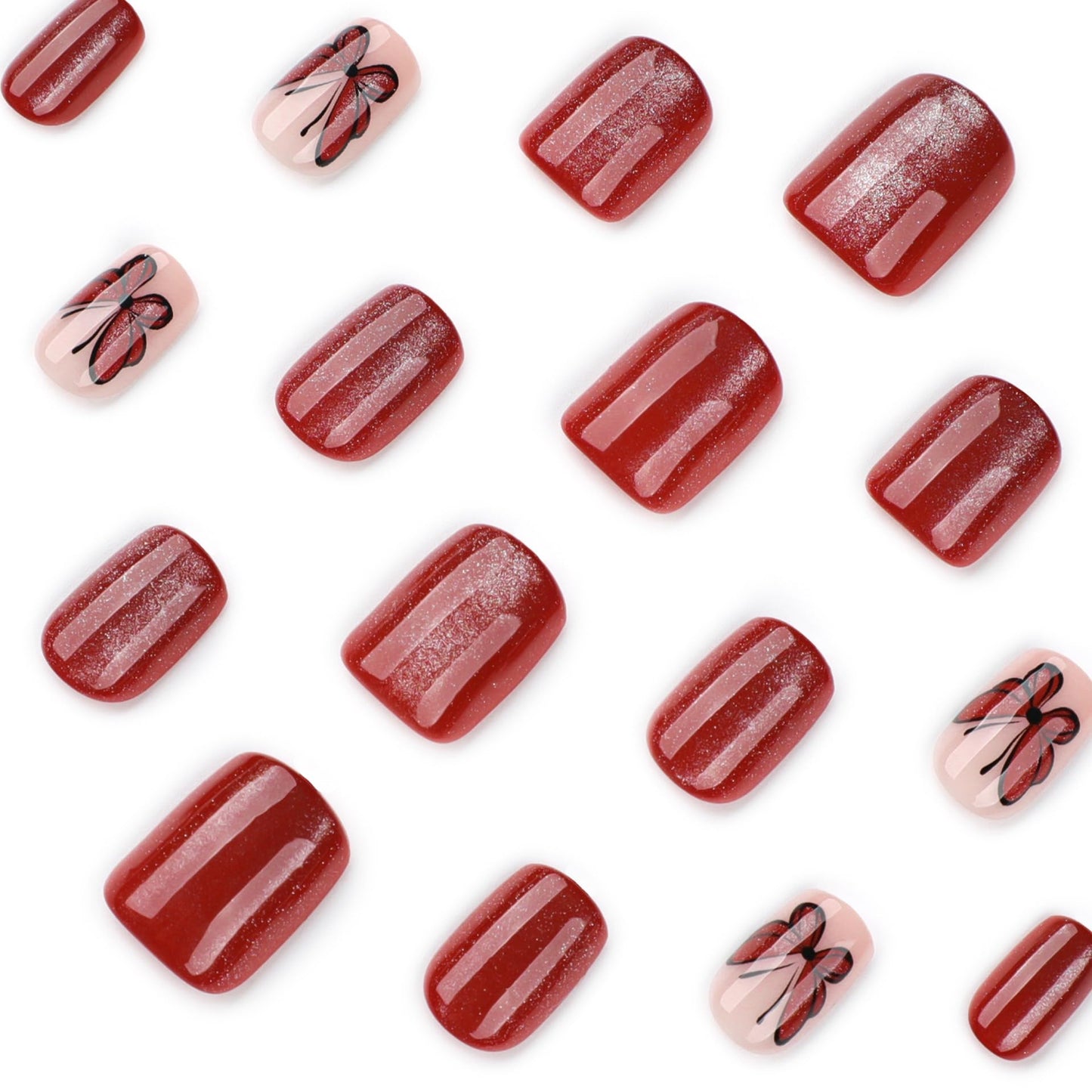 Short Press on Nails Square Fake Nails with Butterfly Design Dark Red Glossy Full Cover Stick on False Nails for Women Manicure 24Pcs