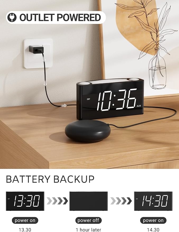 Vibrating Alarm Clock for Heavy Sleepers – Loud Alarm with Bed Shaker, 3 Wake Modes, Large 7.5” Display, 5-Level Dimmer, USB & Type-C Charging, Plug-in with Battery Backup for Bedroom, Teens & Deaf