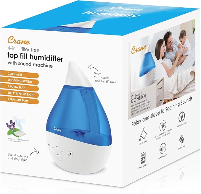 Crane 4-in-1 Drop 2.0 Ultrasonic Cool Mist Humidifier with Sound Machine, Night Light, Aroma Tray, 1 Gallon Top Fill, Blue & White