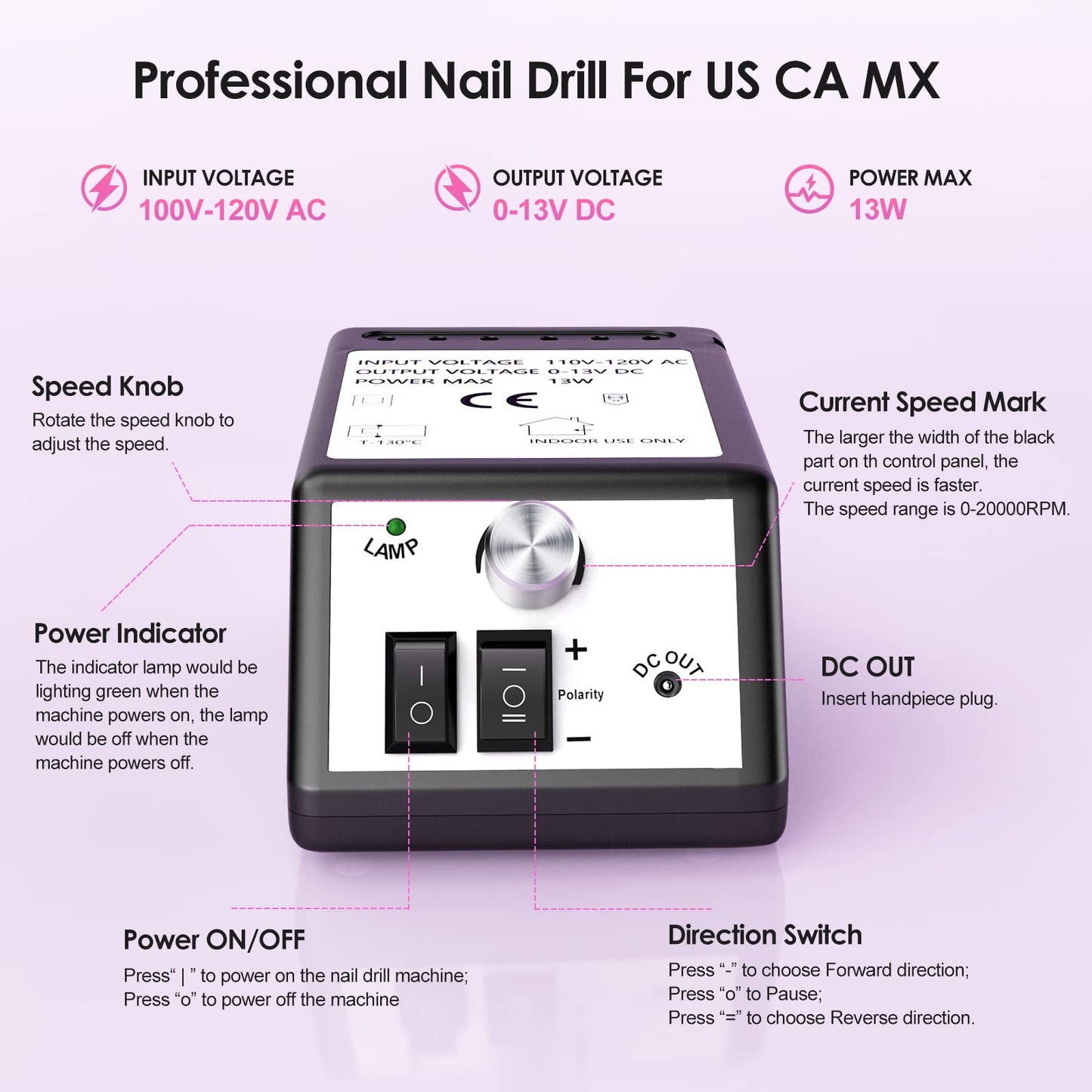 Professional Nail Drill Machine 20000 RPM Efile Electric Nail Filer Kit for Finger Toe Nails, Acrylic Gel Nails, Manicure Pedicure Drill with 6Pcs Nail Bits, 106Pcs Sanding Bands - Black
