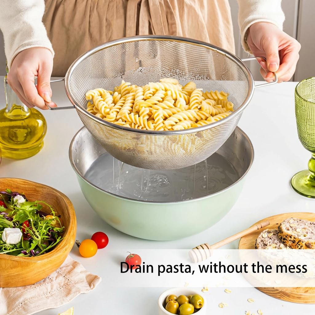 304 Stainless Steel Kitchen Colander Set, 3.5QT Colander with Handle and Bowl, 40 Mesh Fine Strainer, Fast Draining for Rice, Pasta, Fruits & Vegetables, Dishwasher Safe