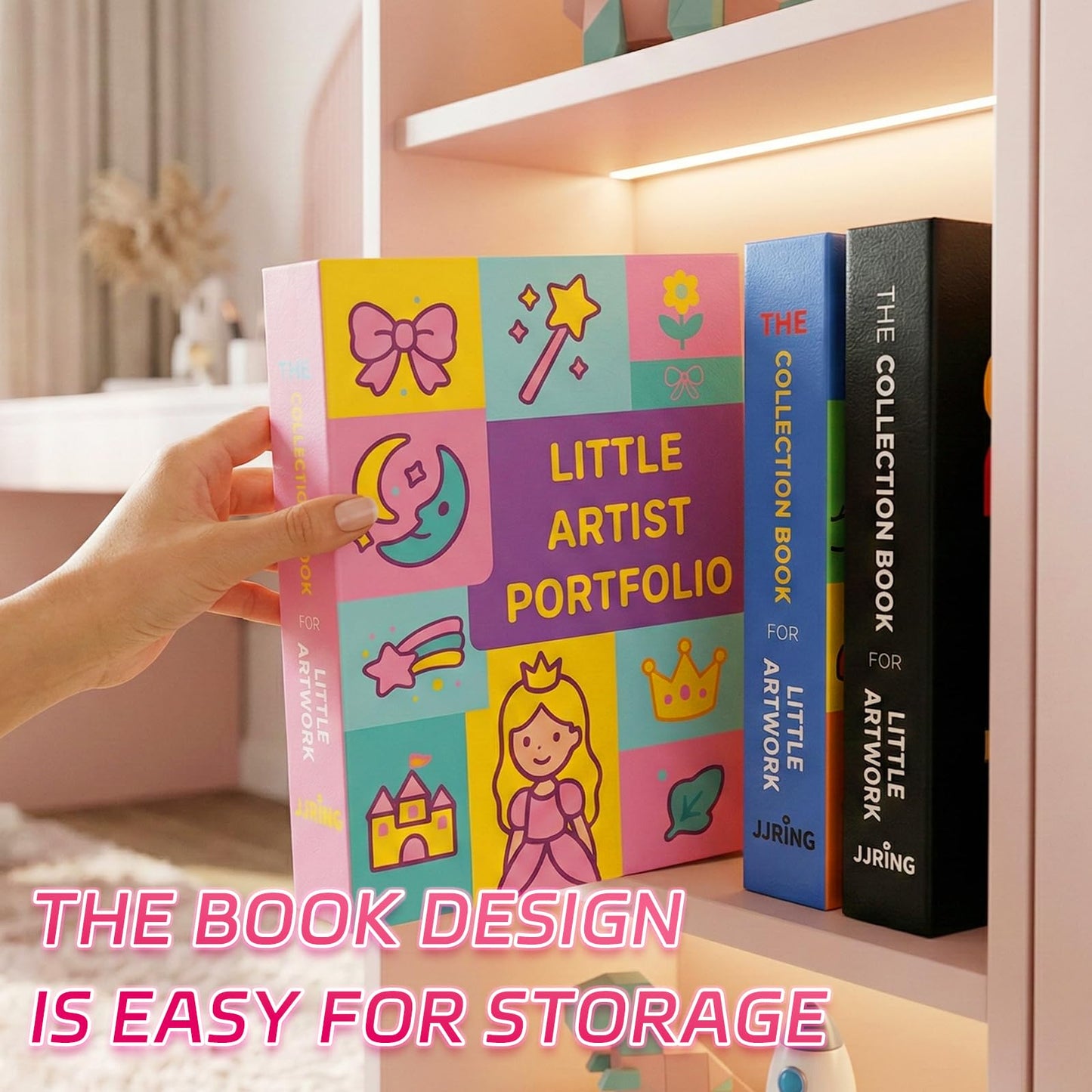 JJRING 9x12 Foldable Art Portfolio Storage Box with Elastic Bands, Student Artwork Keepsake & Professional Document Organizer Folder For Drawings and Classroom Use (Pink)