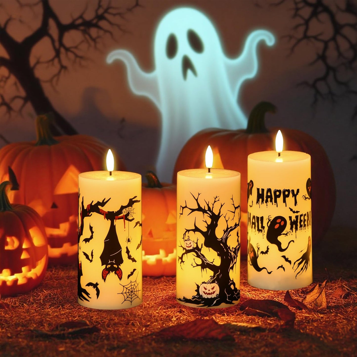 Lasumora Halloween Decorations Ghost Bat Flameless Halloween Candles with 6H Timer, Battery Operated LED Candles for Halloween Decor Indoor