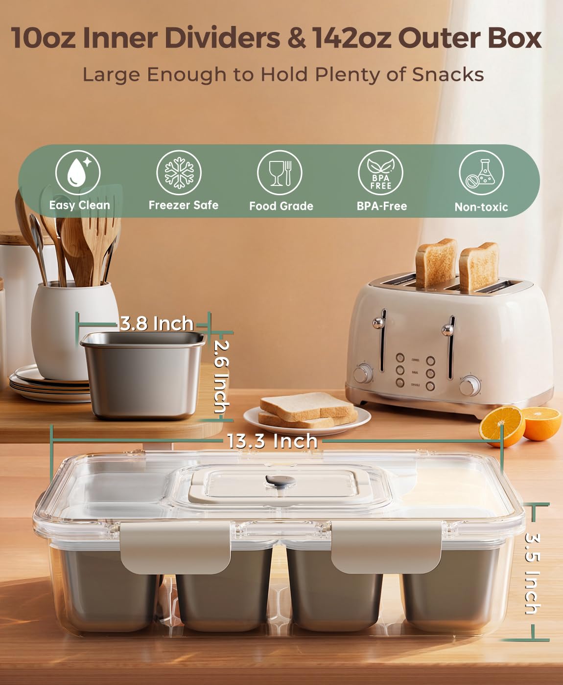 Osfel Snackle Box Container with 8 Removable Stainless Steel Compartments Divided Serving Tray with Portable Handle for Beach, Road Trip, Picnic, Boat Days, Ball Games, Pool and Parties