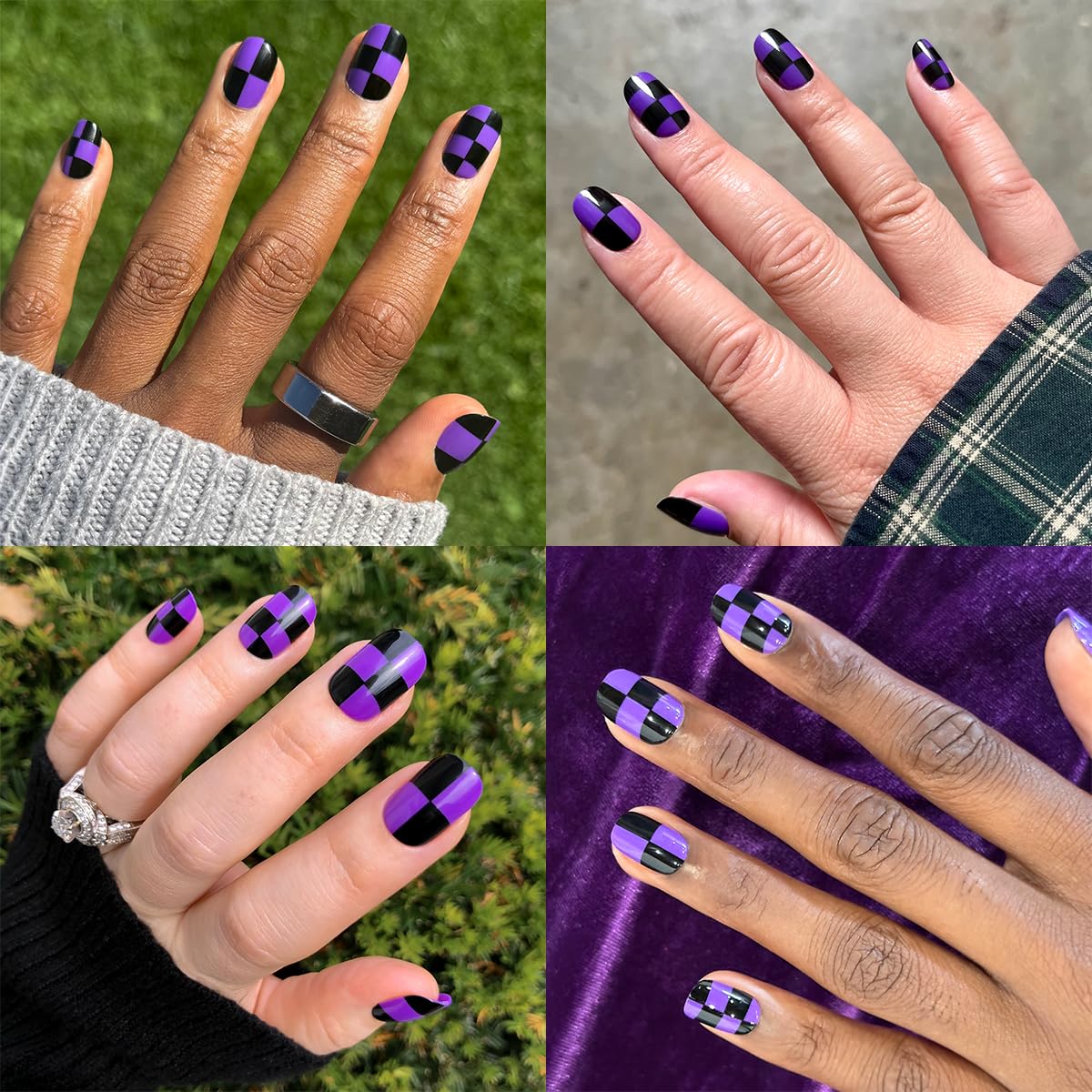 Olive & June Super Stick Mani Press-On Nails | Short Squoval |No Glue Needed | 32 Tab Nails, 16 Sizes, Last Up To 7 Days| Non-Toxic, Easy On-Off Non-Damaging | Halloween Purple Checker Party