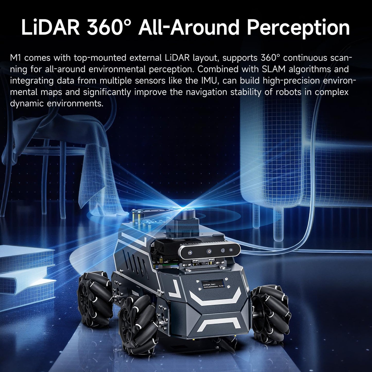 Yahboom ROS2 Smart Car,Raspberry Pi5-8GB Rosmaster M1 Multimodal AI Vision Large Model, SLAM Navigation Programming, Mecanum Wheels Robot (Standard Ver Without Pi5-8GB)