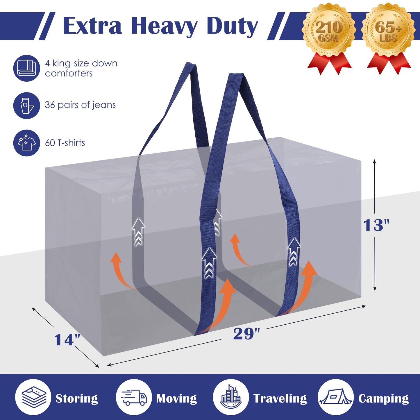 RMOHRO 6 Pack Moving Bags Heavy Duty 210GSM with Full-Open Side Zipper, 93L 65lbs Waterproof Foldable Storage Totes for College Dorm Move-In, Moving Boxes Alternative & Home Organization, Blue