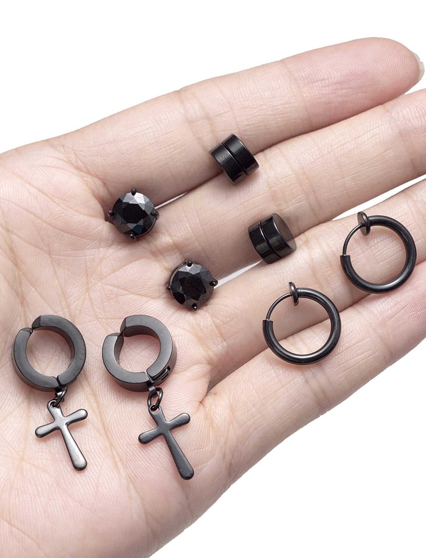 Ofeiyaa 12 Pairs Magnetic Stud Earrings Stainless Steel Non Pierced Earrings Punk CZ Hoop Dangle Hinged Feather Clip on Magnet Earring Set for Men Women Black Silver Tone