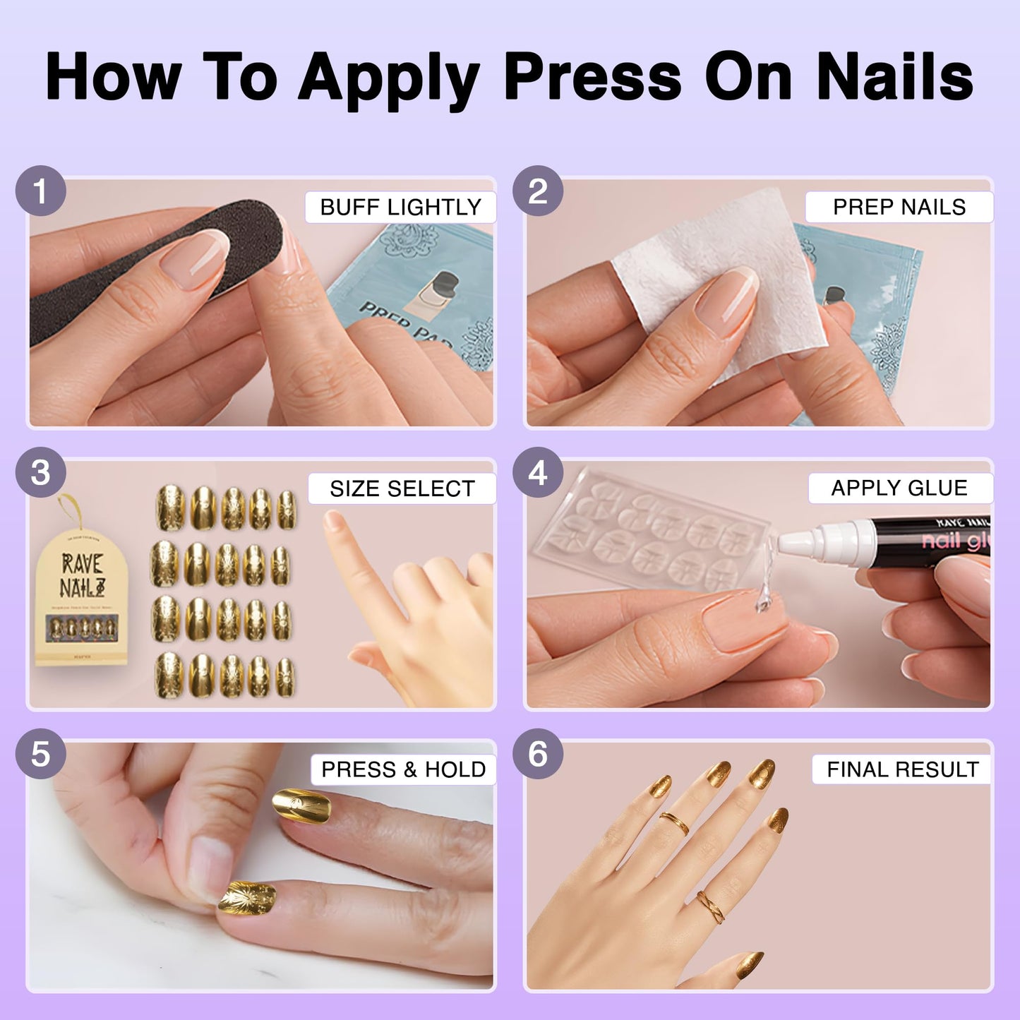 Rave Nailz Solstice Gilded Relic Press on Nails (24 Count) | Gold Foil 3d False Oval Press on Nail Egyptian-Inspired Short Metallic | Chip-Resistant Holiday Nails with Glue, File, Long-Lasting 2+week