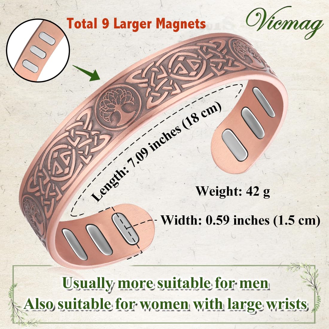 Vicmag Copper Bracelet for Men 9X Strength Magnetic 99% Pure Copper with 5000 Gauss Magnets, Tree of Life Present Box Adjustable(Celtic Tree)