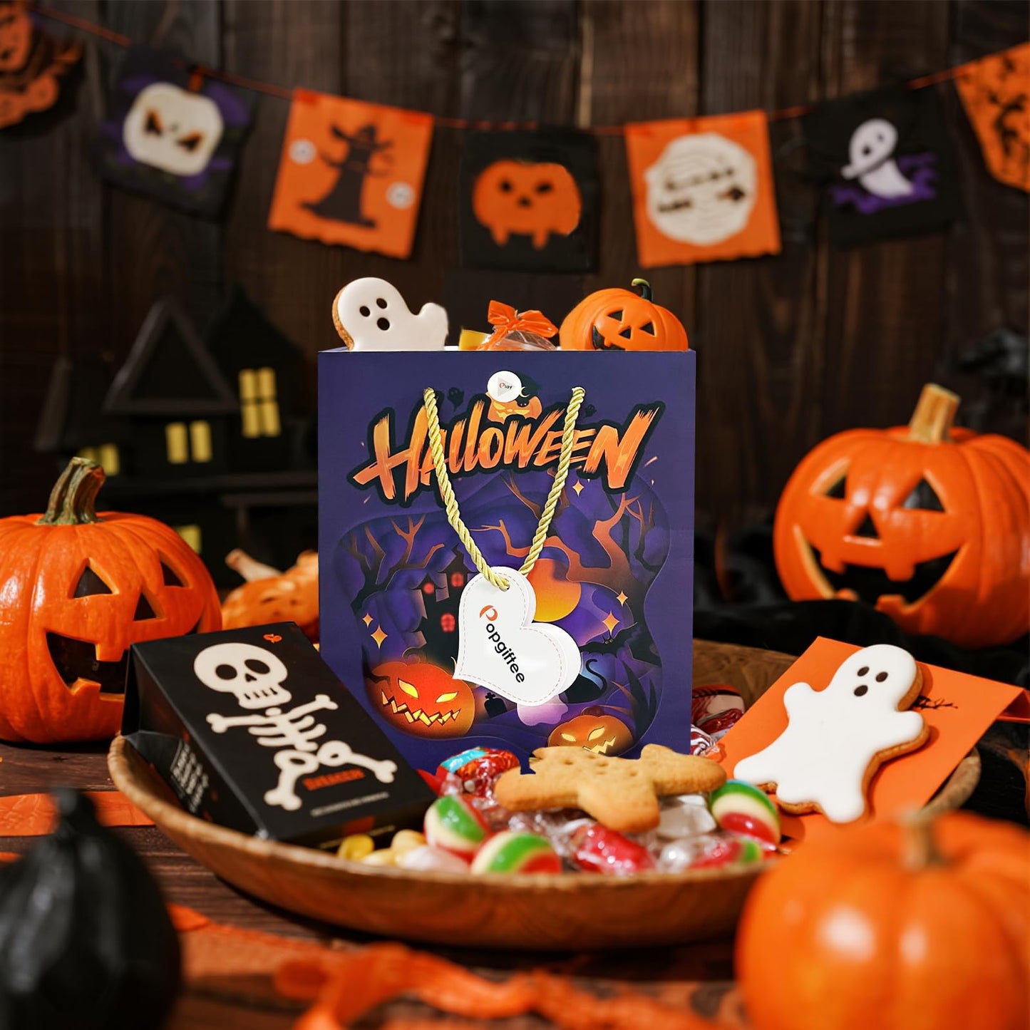 popgiftee Halloween Party Gift Bag Light Fireworks and Cheer Music Treat Bags with Shopping Handle,7.87x3.94x10inch