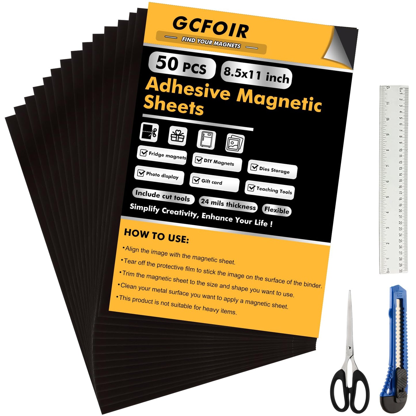 GcFoir Adhesive Magnetic Sheets 8.5 x 11 Inch, 50 Packs Magnetic Sheets with Adhesive Backing - 0.5mm Thickness Flexible Magnet Sheets for Dies Storage, Craft Projects, Photos, School, Office