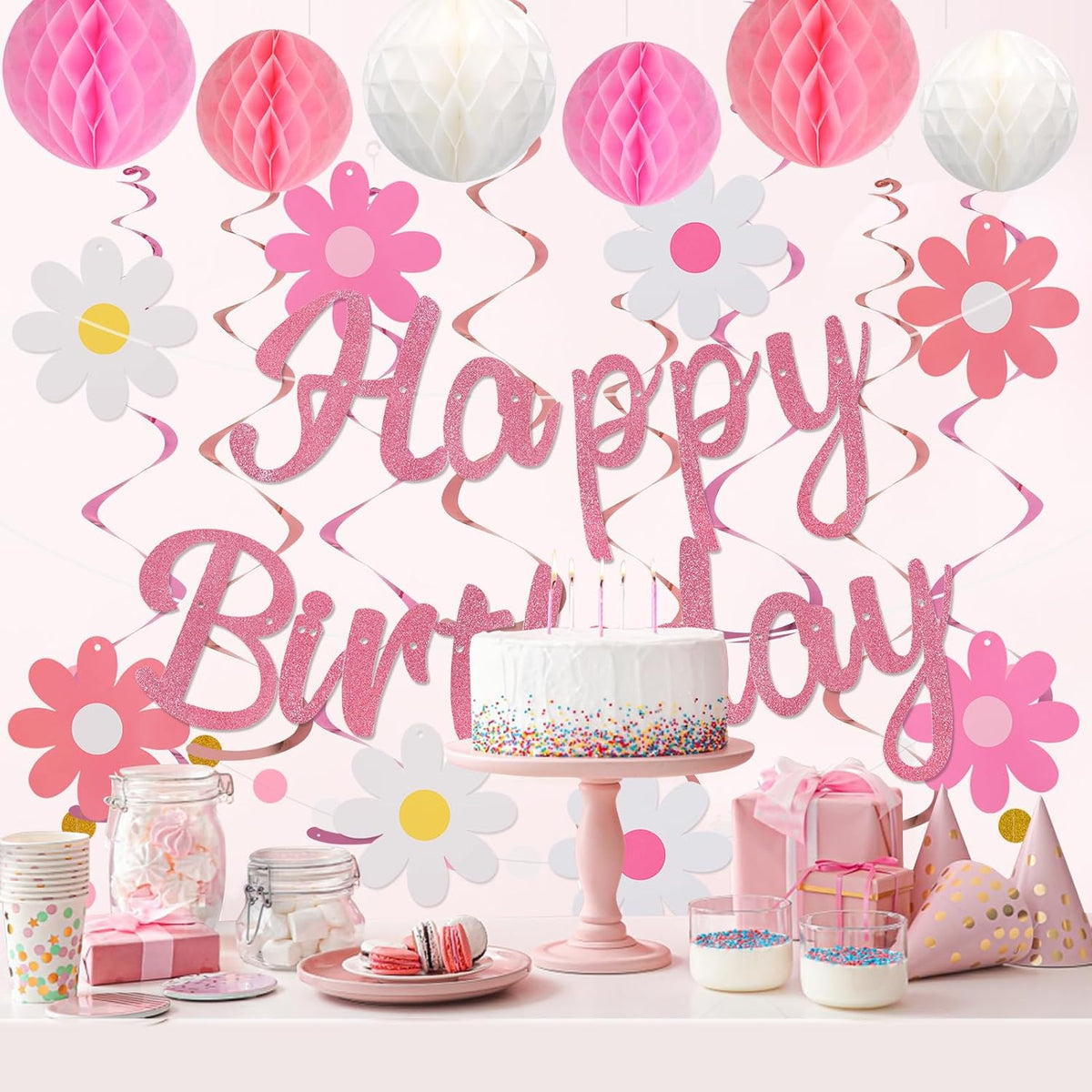 Birthday Decorations, NO DIY, Pre-Strung Happy Birthday Banner with Honeycomb Balls, Hanging Swirls, Circle Dots Garland, Happy Birthday Party Decorations for Women Men Boys Girls (Pink)