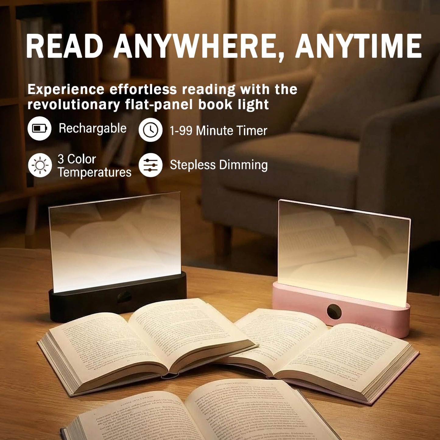 Book Lights for Reading at Night LED Rechargeable Lamp for Full Page Books in Bed Portable Flat Panel Bookmark Light Lovers Gifts Booklights Luz Para Leer Libros De Noche Lámpara En La Cama (Pink)