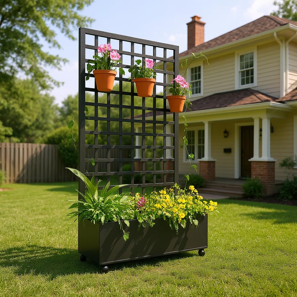 OUTLANE Metal Planter Box, 72"x35" with Square Lattice Trellis Planter Box, Galvanized Raised Garden Bed on Wheels, Garden Bed with Trellis, for Climbing Plants & Vines, Black