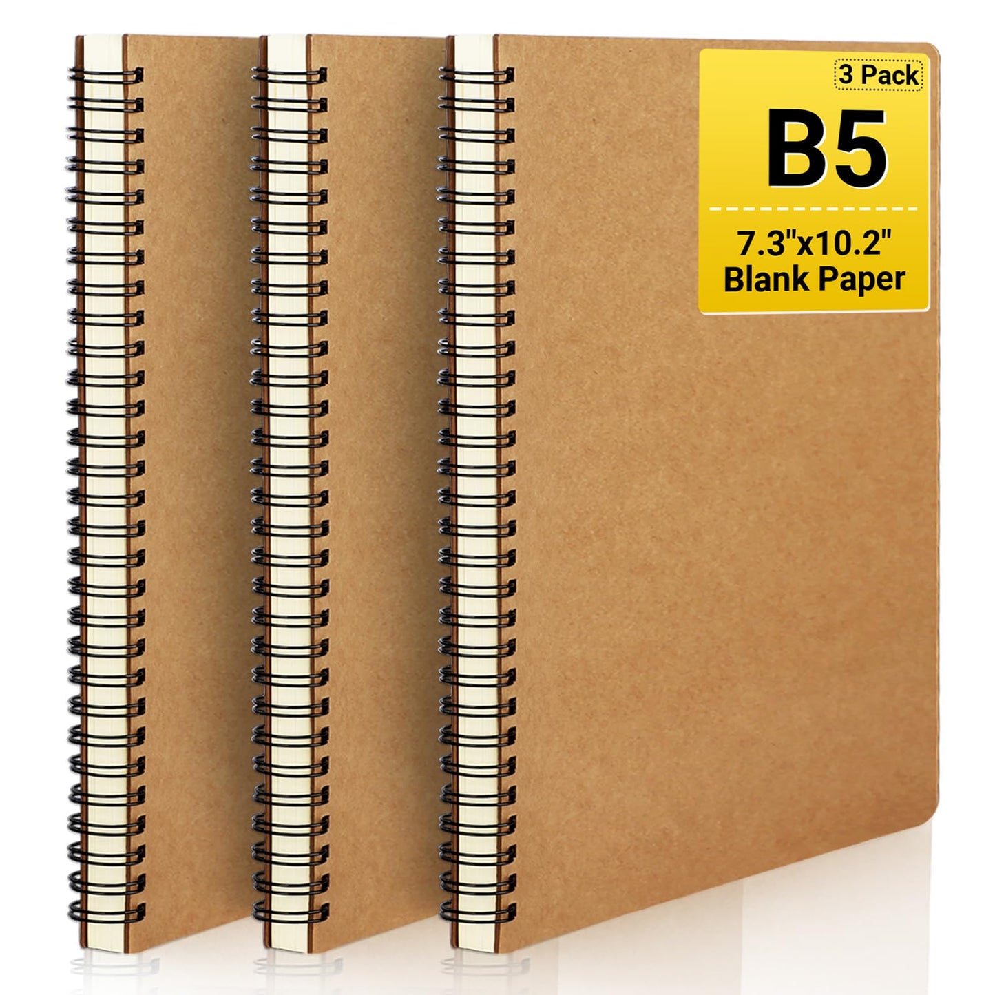 EUSOAR Spiral Blank Notebooks, B5 3 packs 7.3"x10.2" Unlined Travel Writing Notebooks Journal, Memo Notepad Sketchbook, Students College Office Business Subject Diary Spiral Book Journal-Kraft Cover