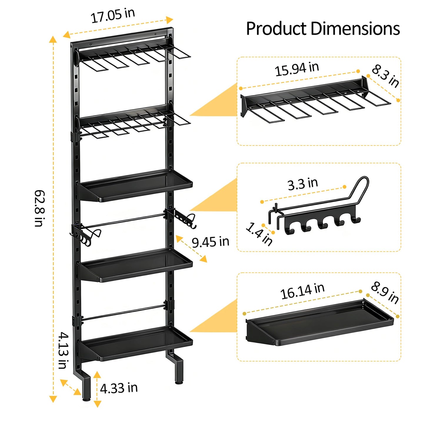 BUKFEN Garage Tool Storage Rack, Wall Mount 5-Tier Heavy Duty Metal Organizer with 8 Drill Holder Slots, Adjustable Shelves, Side Hooks Workshop Utility 1 Pack Black Vertical Space-Saving Organization