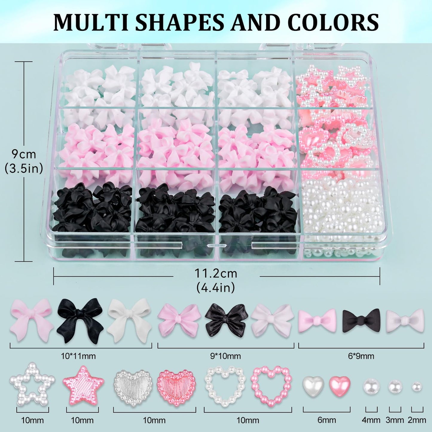 600 Pcs 3D Nail Charms and Flatback Pearls #2, Pink White Black Multi Styles Bowknot Charms + Pink&White Star Heart Nail Jewels + 2-6mm White Nail Pearls for Nail Art Design with Pickup Tools