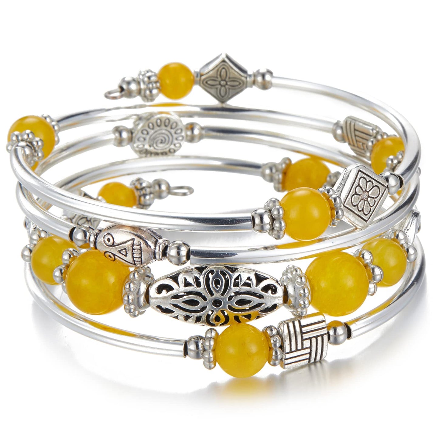 BULINLIN Layered Wrap Bangle Turquoise Bracelet - Bead Bracelet with Natural Agate Stone, Gifts For Women (03-Yellow)