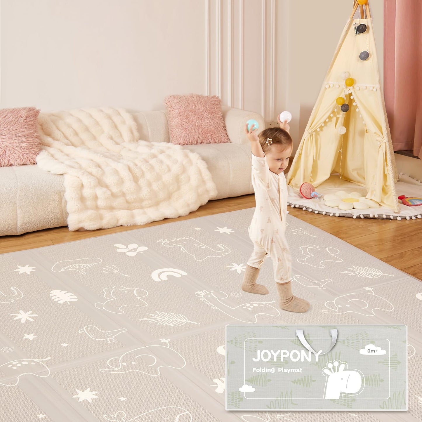 Joypony Baby Play Mat, 79" X 71" X 0.6" Extra Large & Thick Reversible Foldable Play Mats for Babies and Toddlers, Anti-Slip Portable Foam Floor Mat for Tummy Time with Travel Bag