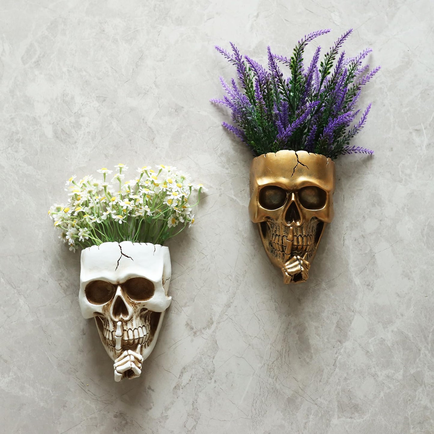 Dolkgy Skull Wall Planter for Indoor Outdoor Plants, Hanging Skull Vase Unique Face Flower Pot Head Planters, White Resin Skeleton Gothic Planter for Home Decorations