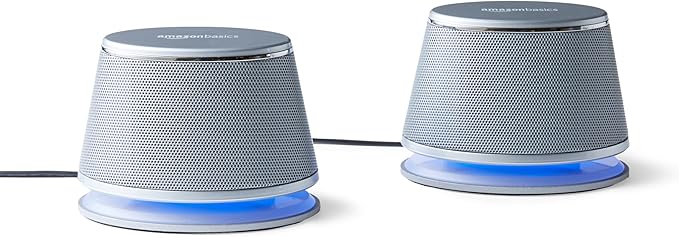 Amazon Basics Stereo 2.0 Speakers for PC or Laptop with Volume Control, 3.5mm Aux input, USB-Powered, 1 Pair, Silver