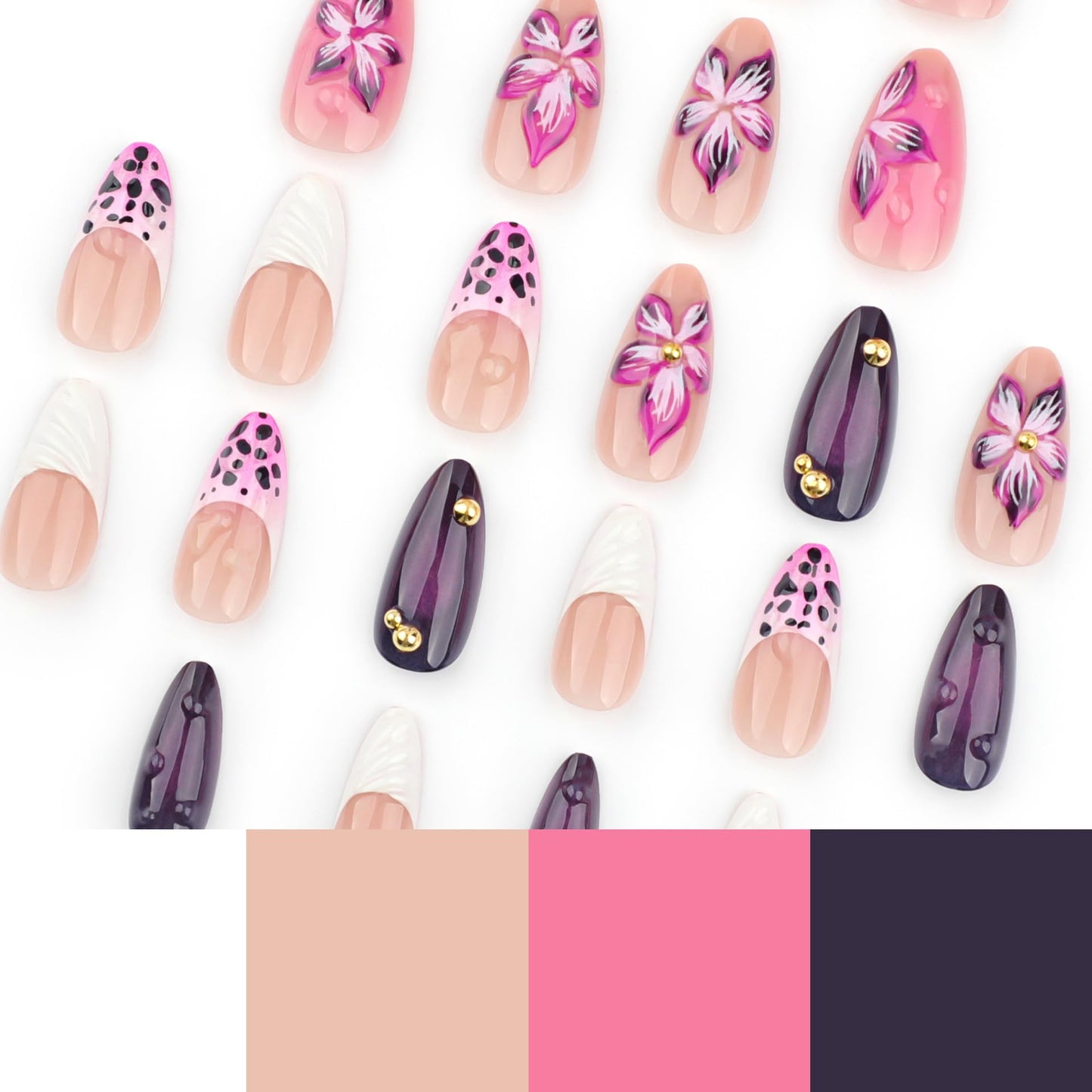 Leopard French Tip Press on Nails Medium Almond 3D Embossed Floral with Leopard Print Gold Pearl Shell French Tips Design Acrylic Artificial Fake Nails for Women Girls Manicure Decorations 24Pcs