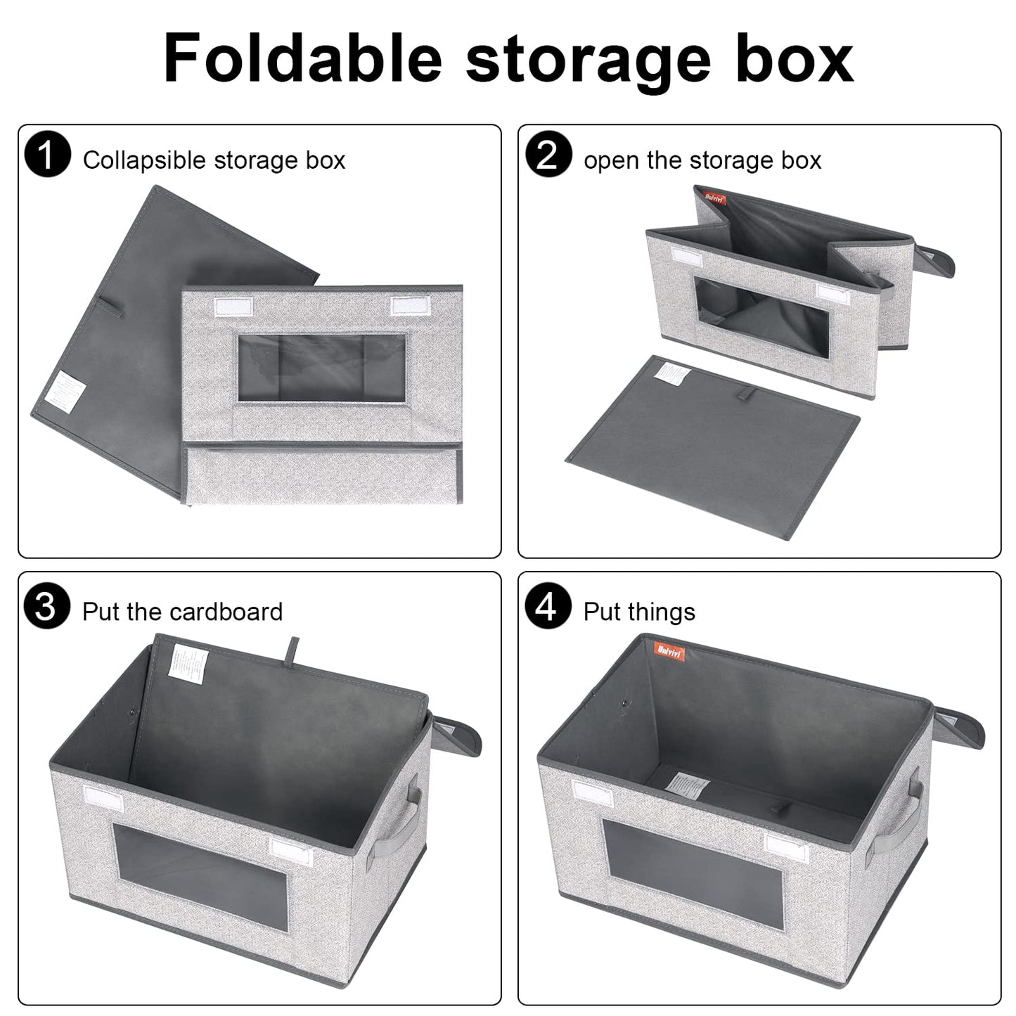 Univivi [4-Pack Fabric Storage Boxes Collapsible Storage Bins with Lids and Handles Cube Organizer Basket for Home, Closet, Bedroom (Gray, 14.4''x10''x8.3'')