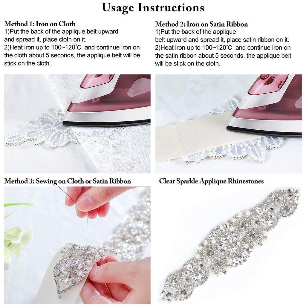 ShiDianYi Wedding Rhinestones Pearls Trim, 1 Yard Long Silver Rhinetones for Dress, Bridal Applique, Crystal Beaded Applique