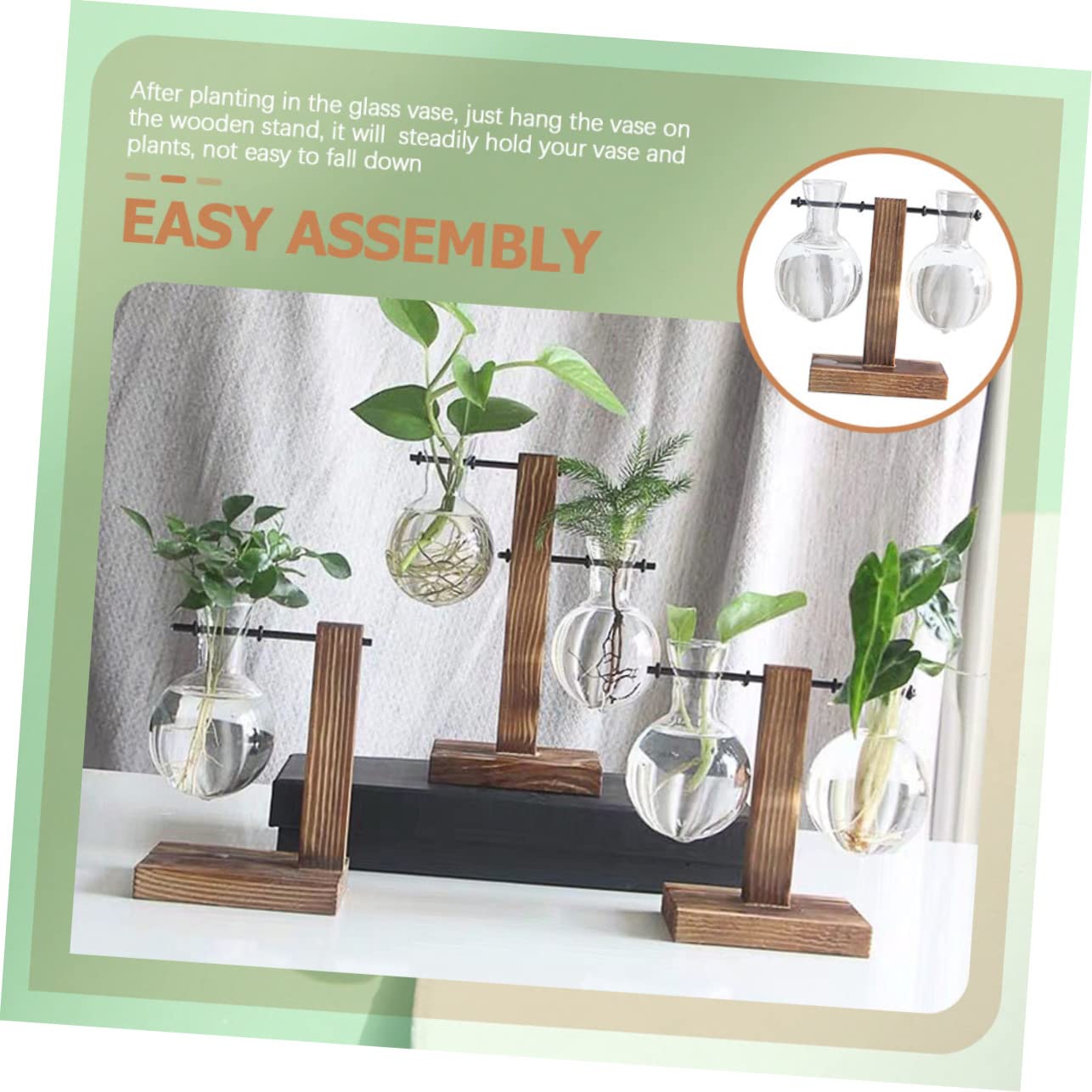 IWOWHERO 2pcs Elegant Hydroponic Plant Terrarium Stand Glass Vase Wooden Base Easy to Assemble for Home Office Decor