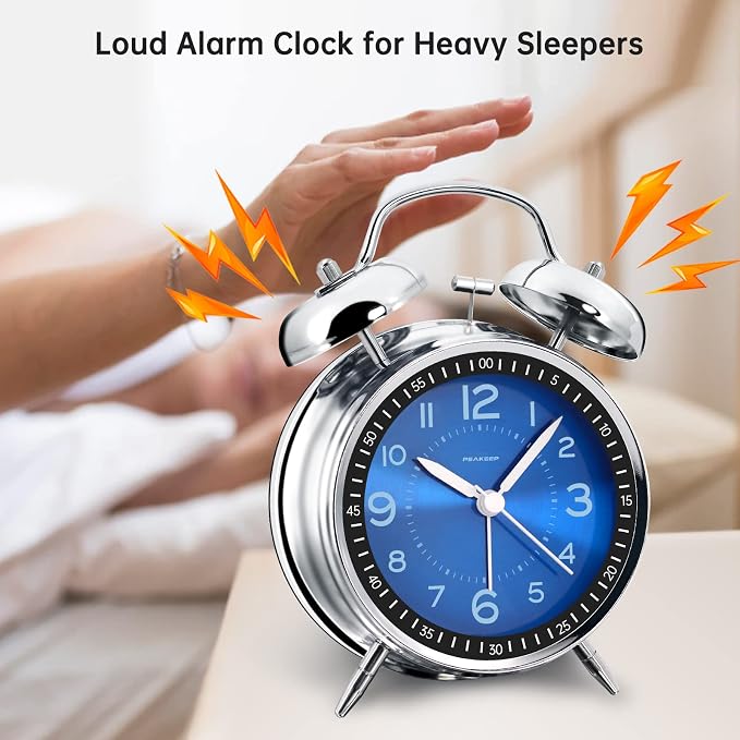 Peakeep Loud Alarm Clock for Heavy Sleepers Adults, Metal 4.5 Inches | Twin Bell Battery Operated Analog Alarm Clocks for Bedrooms Kids' Room Decoration (Jewel Blue)