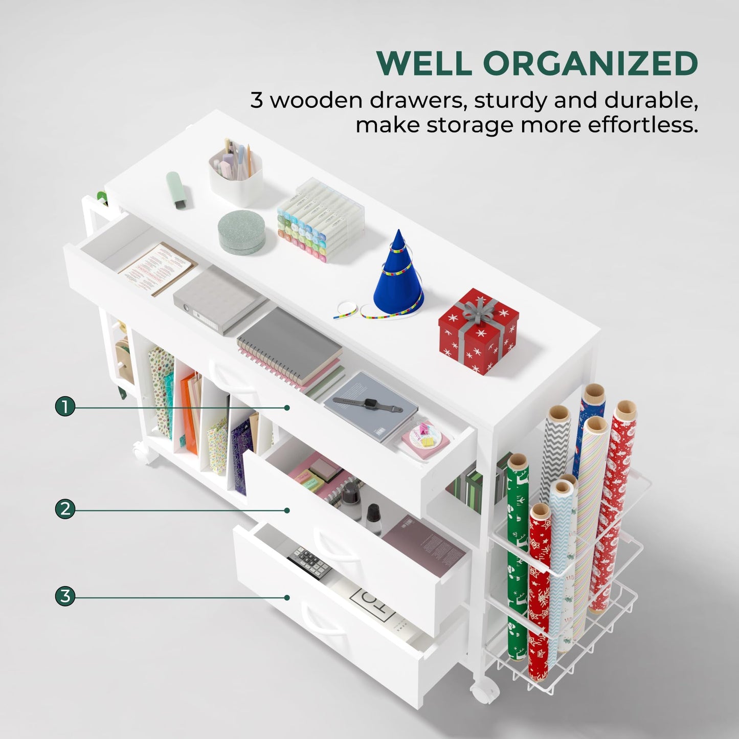 Anrigeail Wrapping Paper Storage & Organizer, Craft Cart with Ribbon & Gift Bag Storage, Wrapping Paper Organizer Holder(3 Wooden Drawers-White)