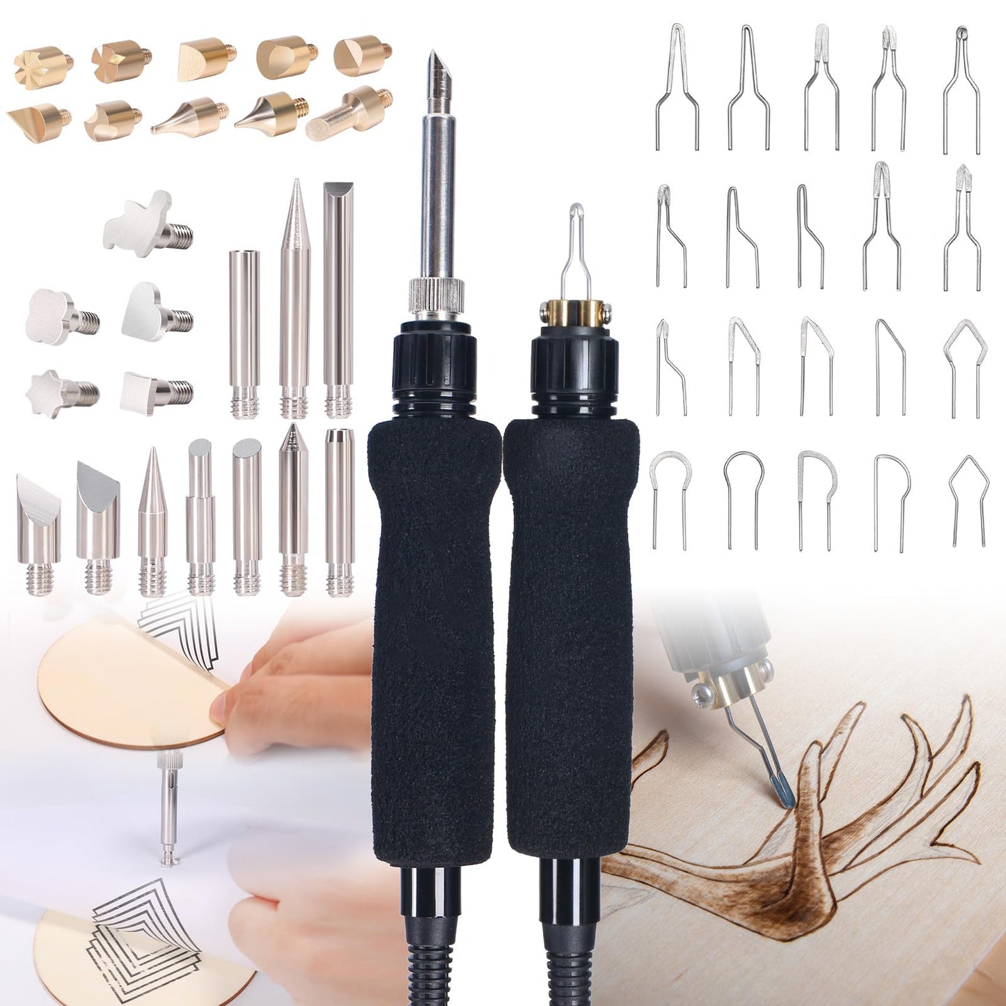 YIHUA 939D-II Pyrography Pen Wood Burning Kit Station 2-in-1 Solid-Point 200~480°C (with Temp Display)/Wire-Nib 250~750°C with 20 Nibs, Solid Points, 1 Stable Pen Holder, 2 Scrap Wood (Blue)