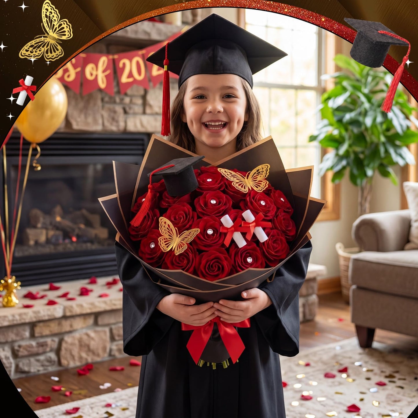 Gilprop 45 Pcs Graduation Flower Bouquet Kit Include 12 Butterfly Decorations 4 Mini Grad Cap 4 Certificate Scrolls Floral Tapes Wraps 25 Diamond 2026 Grad Party Decor Flower Bouquet Gift (Red)