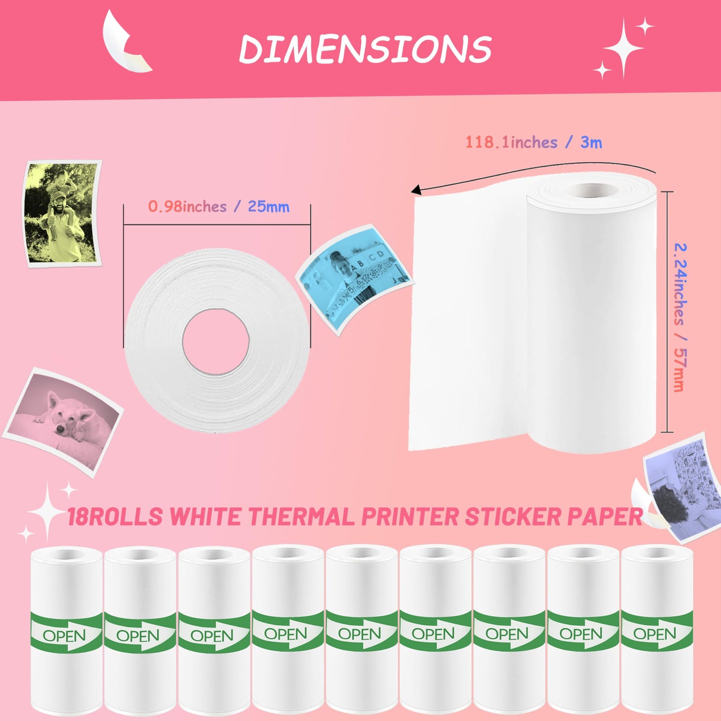 MIARALA 18 Rolls Mini Thermal Printer Sticker Paper, 57x25mm, High-Contrast Sticker Paper for Mini Pocket Printer, BPA-Free
