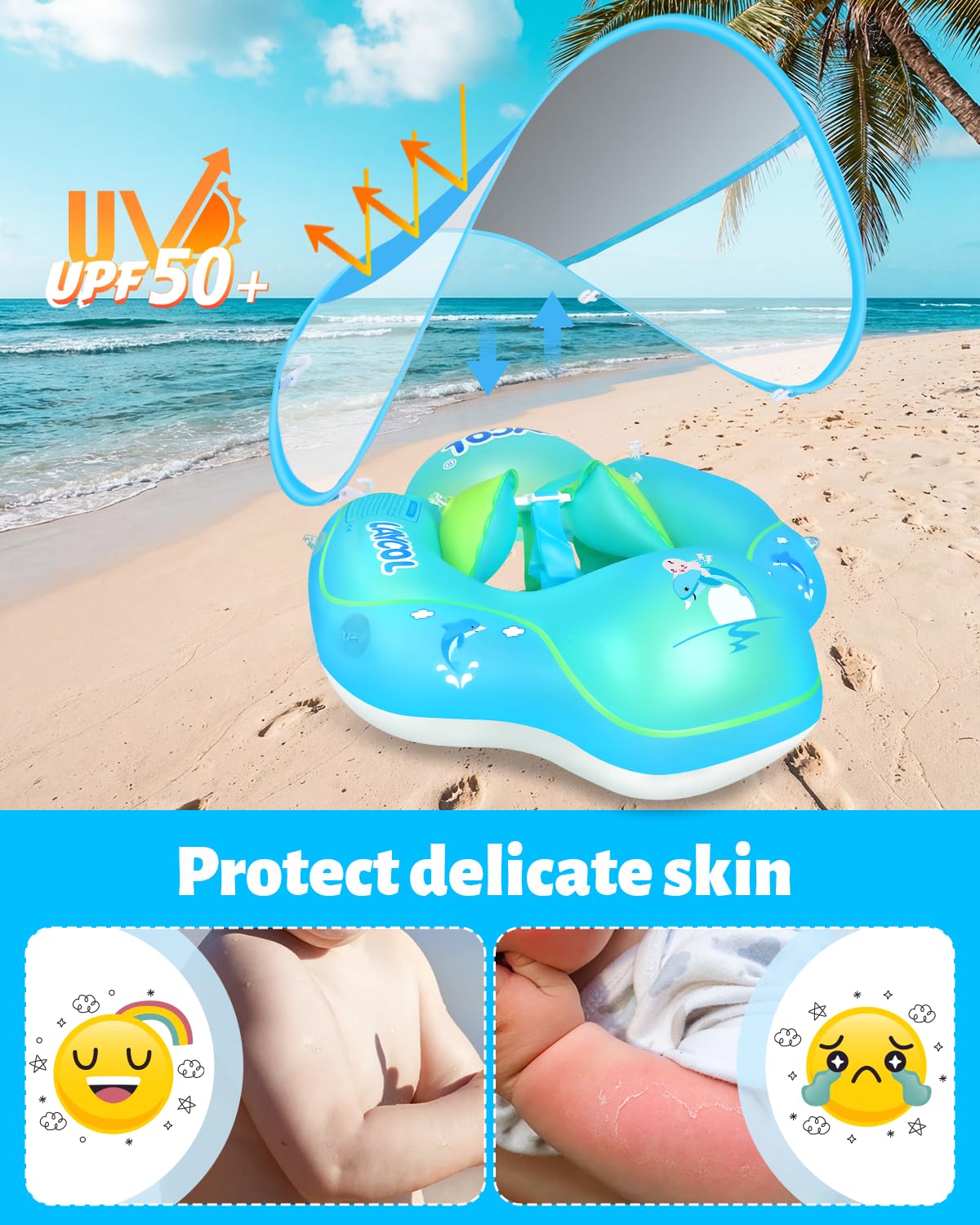 LAYCOL Baby Pool Float with Canopy UPF50+, 5 Point Safety Buckle No Flip Over, Inflatable Toddler Floaties Infant Pool Floats with Double Air Chambers, Baby Beach Essentials/Traval for 3-36M Blue L