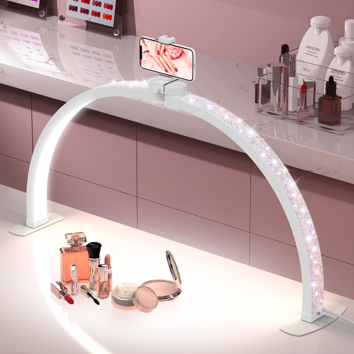 Kadden Foldable Large Half Moon LED Light,29" Arch Light with Rhinestone-Encrusted for Table Nail Desk with Phone Stand, Upgrade Arch Light for Nail Techs (White, Large)